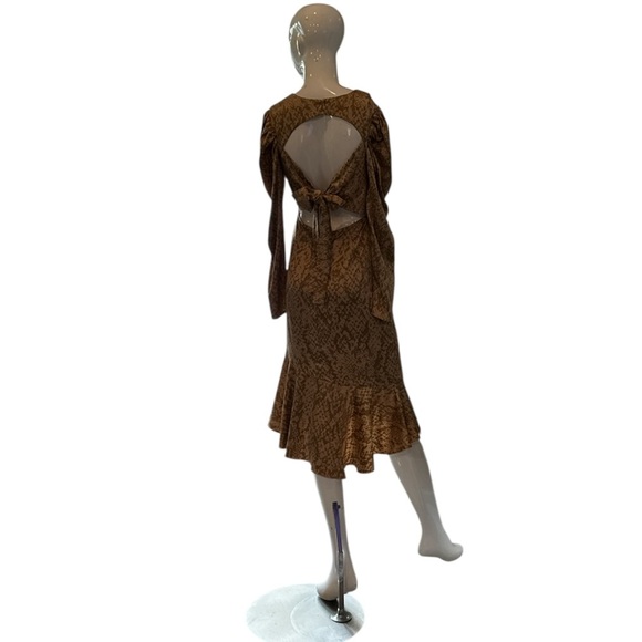 Forever 21 Tan Snake Satin Open Back Ruffled Hi-Low Hem Midi Dress Size S - Picture 8 of 15